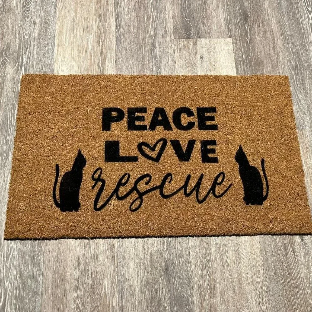 Peace Love Rescue with Cats decorative coir doormat